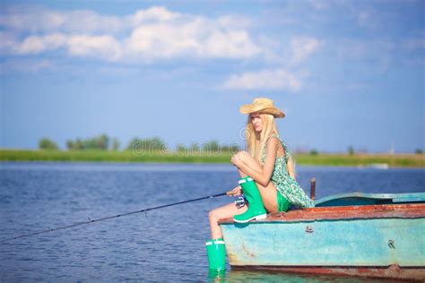 Blonde Girl Fishing River Stock Photos Free Royalty Free Stock