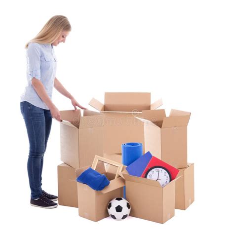 Moving Day Concept Woman Packing Cardboard Boxes Isolated On W Stock