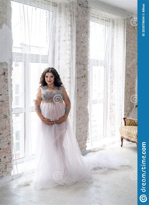 Brunette Pregnant Woman In Transparent Dress Posing In Studio Waiting