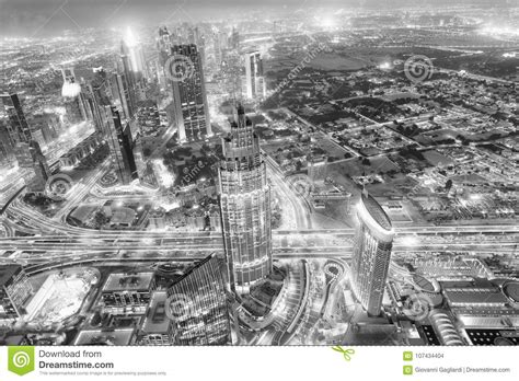 Aerial View Of Downtown Dubai At Night Stock Photo Image Of Panorama
