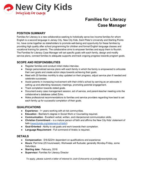 Bank manager job responsibilities the job of a bank manager is an extremely important one. FFL Case Manager Job Description | New City Kids