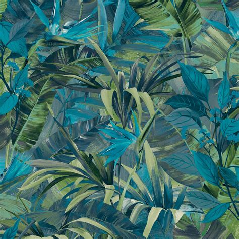 Grandeco Paradise Flower Jungle Tropical Plants Leaves Wallpaper Blue