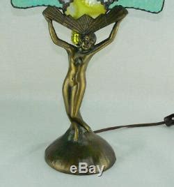 Vintage Art Deco Nude Woman Lady Figural Bronze Lamp Stained Glass Fan