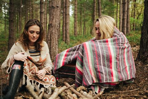 Two Teenage Girls Camping In Woodland By Kkgas