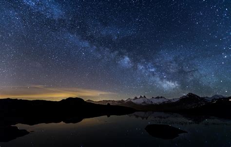 Wallpaper The Sky Stars Snow Landscape Mountains Night Lake The