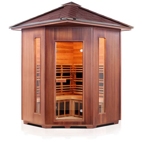 Enlighten Sauna Rustic 4 Person Corner Sauna W Peak Roof Outdoor In