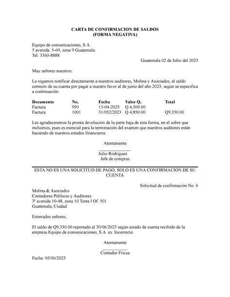Carta DE Confirmacion DE Saldos CARTA DE CONFIRMACION DE SALDOS