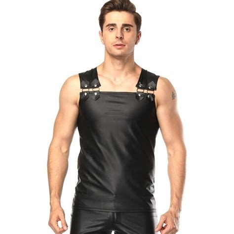 New Vinyl Tank Top Men Fashion Sexy Faux Leather Solid Black Men Vest