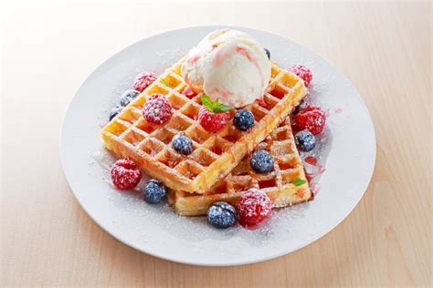 Belgian Waffles With Ice Cream And Fresh Berries Stock Photo Image