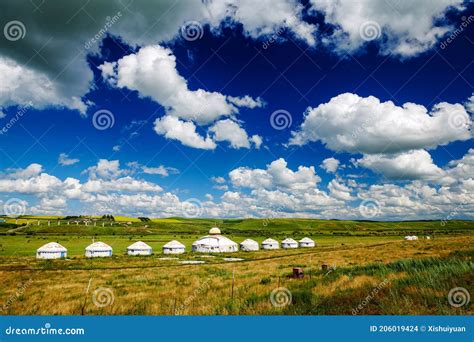 The White Mongolia Yurts On The Hulunbuir Grassland Stock Photo