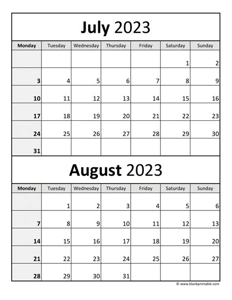 Calendar July August 2023 Printable Free Pelajaran