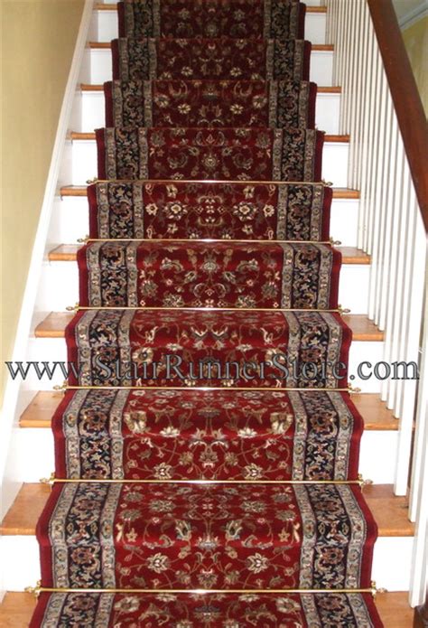 Straight Staircase Stair Runner With Decorative Hardware Traditional