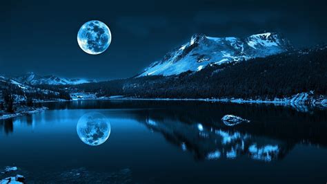 Moonlight Moon Water Lake Pond Mountain Nature Landscape Trees