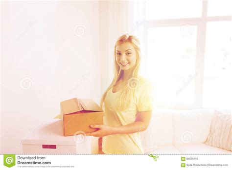 Smiling Young Woman With Cardboard Box At Home Stock Image Image Of
