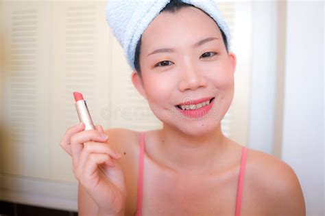 Asian Woman And Makeup Young Happy And Beautiful Chinese Girl With Towel Head Wrap Applying