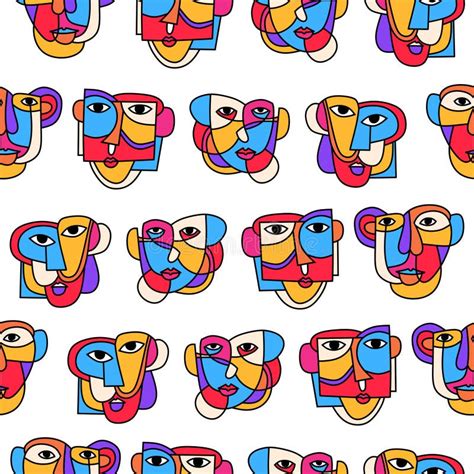 Picasso Face Art Seamless Pattern Isolated On White Background Stock
