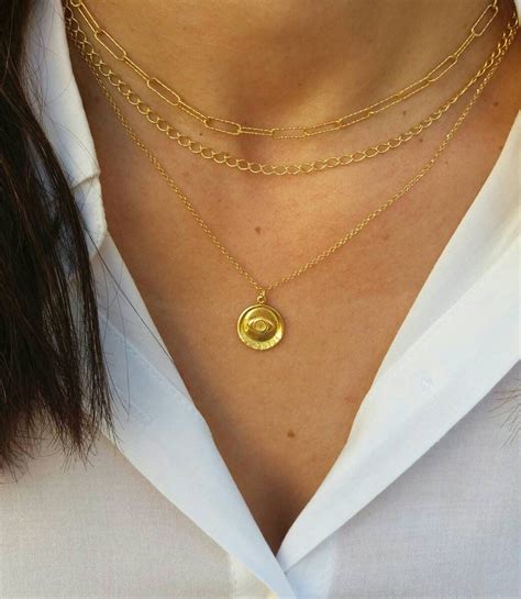 Gold Evil Eye Coin Necklace Paperclip Chain Gold Layered Etsy Coin