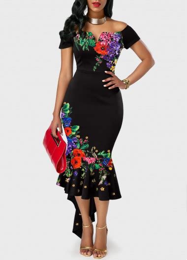 Boho dress with flower print, black maxi dress, floral dress, summer hippie dress, floral women festival clothes, dress for nursing mother. Asymmetric Hem Retro Flower Print Off the Shoulder Dress ...
