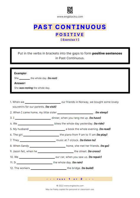 Past Continuous Positive Worksheet English Grammar