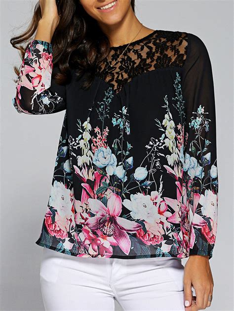 [43 off] floral print lace patchwork blouse rosegal