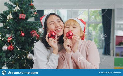 Asian Lesbian Couple Celebrate Christmas Festival Lgbtq Female Teen