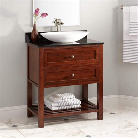 The vanity features full sized doors, a white vanity top with an integral white bowl and a decorative toe kick. 30" Taren Narrow Depth Bamboo Vessel Sink Vanity - Light ...
