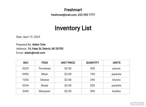 Free Simple Inventory List Template Printable Templates