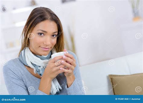 Indoor Portrait Smiling Caucasian Woman Drinking Tea Stock Photo
