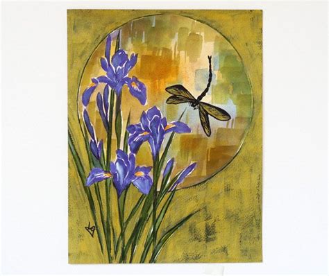 A Painting Of Purple Flowers With A Dragonfly On Its Back End In Front