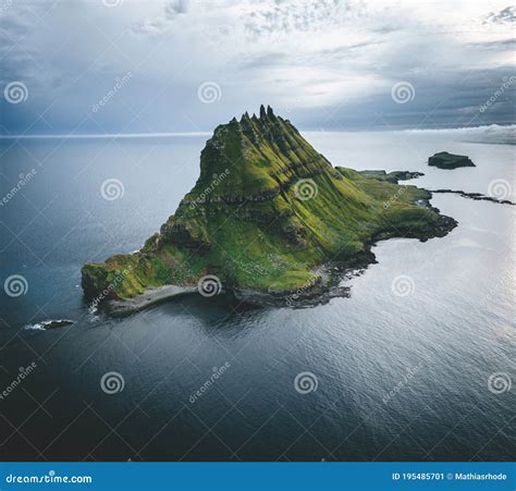 Faroe Islands Vagar Aerial Drone View Of Tindholmur Island During
