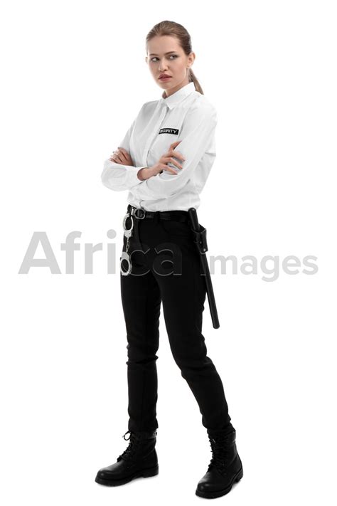 Female Security Guard In Uniform On White Background Stock Photo