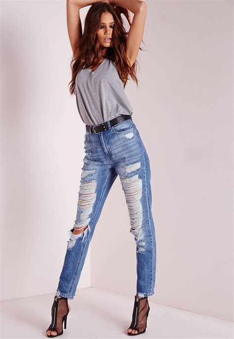 Missguided High Rise Extreme Rip Mom Jeans Antique Blue Ripped Mom