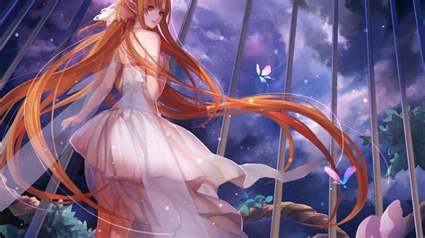 Wallpaper Redhead Night Long Hair Anime Girls Looking At Viewer