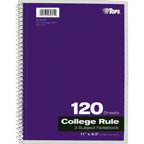 Tops 3 Subject College Ruled Notebook Letter 120 Sheets Wire