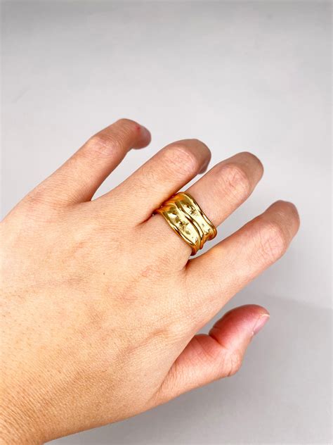 Chunky Textured Gold Ring 18k Gold Plated Wide Ring Etsy Uk