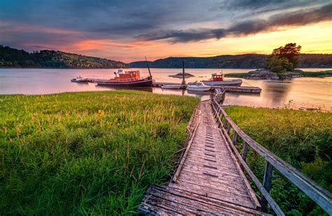 Norway River Sunset Old Bridge Dock Boat Landscape