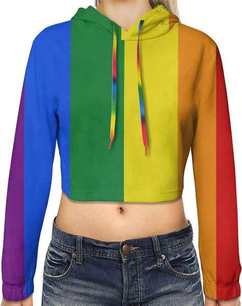 Rainbow Flag Gay Pride Colorato Spripe Crop Top Con Cappuccio Manica