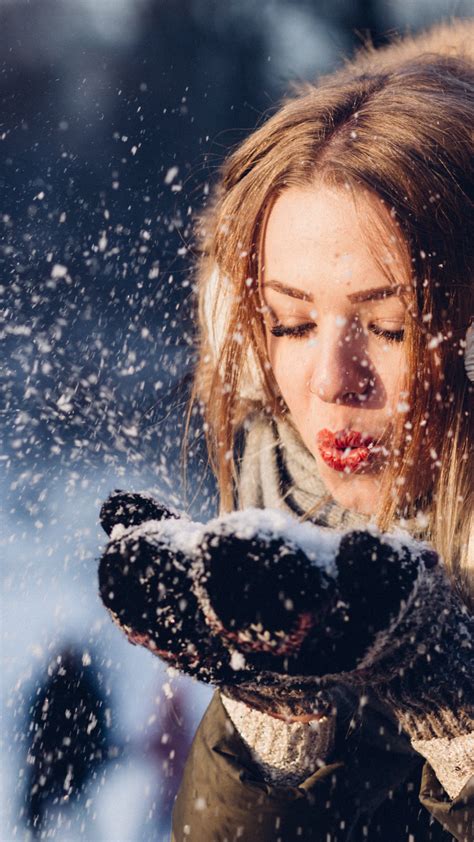Download Wallpaper Beautiful Girl In Winter Landscape 1080x1920