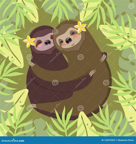 A Couple Of Sloths Hugging Green Card With Palm Leaves And Sloths