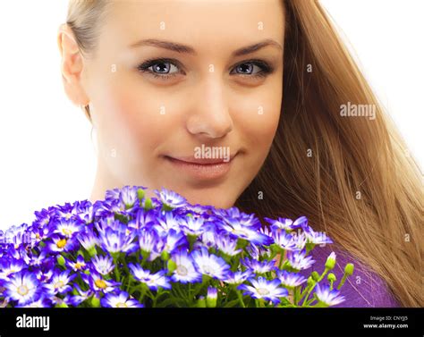 Beautiful Female Holding Flowers Girl With Bouquet Of Spring Plant