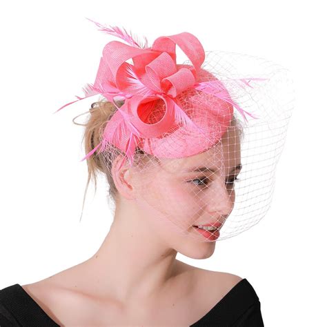 fashion women pink mesh fascinator hat feather wedding veils party hat ladies bridal amazing