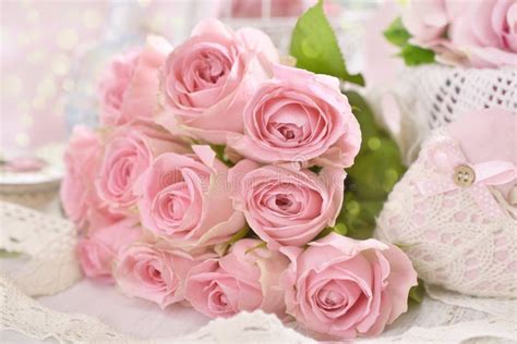 Romantic Pink Roses Bouquet In Shabby Chic Style Stock Image Image Of