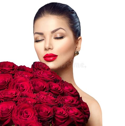 Beauty Woman With Big Bouquet Of Red Roses Stock Image Image Of