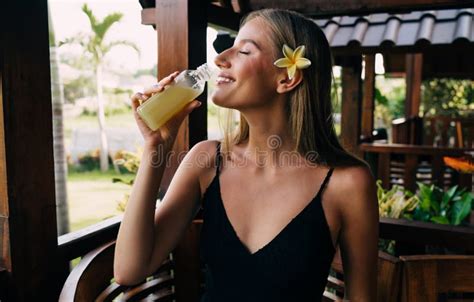 Happy Young Woman Drinking Fresh Smoothie Stock Image Image Of Recreation Beverage 249400423