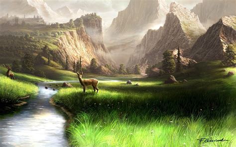 Mountains Landscapes Animals Fields Deer Artwork Rivers Wallpaper