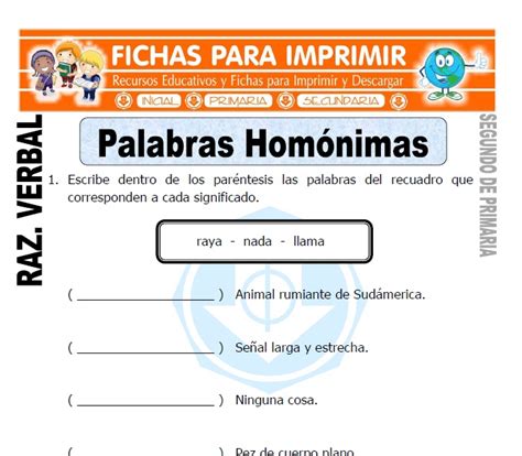 Fichas interactivas gratuitas para practicar online o descargar como pdf para imprimir. Palabras Homonimas para Segundo de Primaria - Fichas para ...