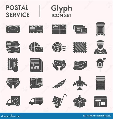 Postal Service Solid Icon Set Postage Mail Collection Vector Sketches