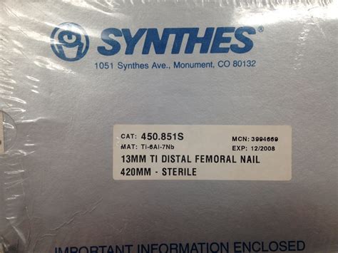 Synthes 450851s 13mm Ti Distal Femoral Nail 420mm Sterile X Gb