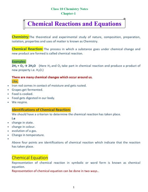 Class 10 Science Notes Chapter 1 Chemical Reactions And Equations