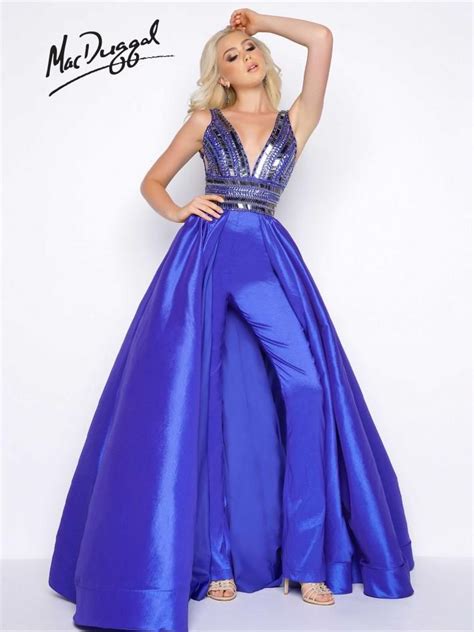 beaded prom jumpsuit with full over skirt mac duggal 48463a satin jumpsuit with plunging v